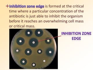 is formed at the critical
time where a particular concentration of the
antibiotic is just able to inhibit the organism
before it reaches an overwhelming cell mass
or critical mass.
 
