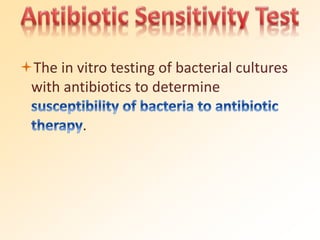The in vitro testing of bacterial cultures
with antibiotics to determine
.
 