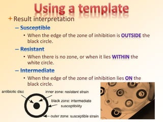 Result interpretation
• When the edge of the zone of inhibition is the
black circle.
• When there is no zone, or when it lies the
white circle.
• When the edge of the zone of inhibition lies the
black circle.
 