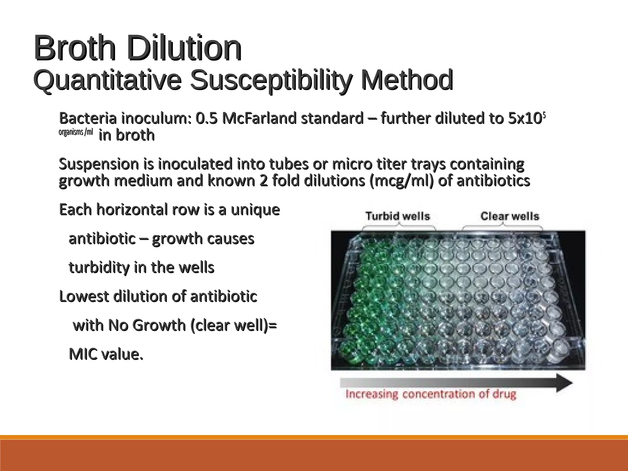 Broth DilutionBroth Dilution
Quantitative Susceptibility MethodQuantitative Susceptibility Method
Bacteria inoculum: 0.5 McFarland standard – further diluted to 5x10Bacteria inoculum: 0.5 McFarland standard – further diluted to 5x1055
organisms/mlorganisms/ml
in brothin broth
Suspension is inoculated into tubes or micro titer trays containingSuspension is inoculated into tubes or micro titer trays containing
growth medium and known 2 fold dilutions (mcg/ml) of antibioticsgrowth medium and known 2 fold dilutions (mcg/ml) of antibiotics
Each horizontal row is a uniqueEach horizontal row is a unique
antibiotic – growth causesantibiotic – growth causes
turbidity in the wellsturbidity in the wells
Lowest dilution of antibioticLowest dilution of antibiotic
with No Growth (clear well)=with No Growth (clear well)=
MIC value.MIC value.
 