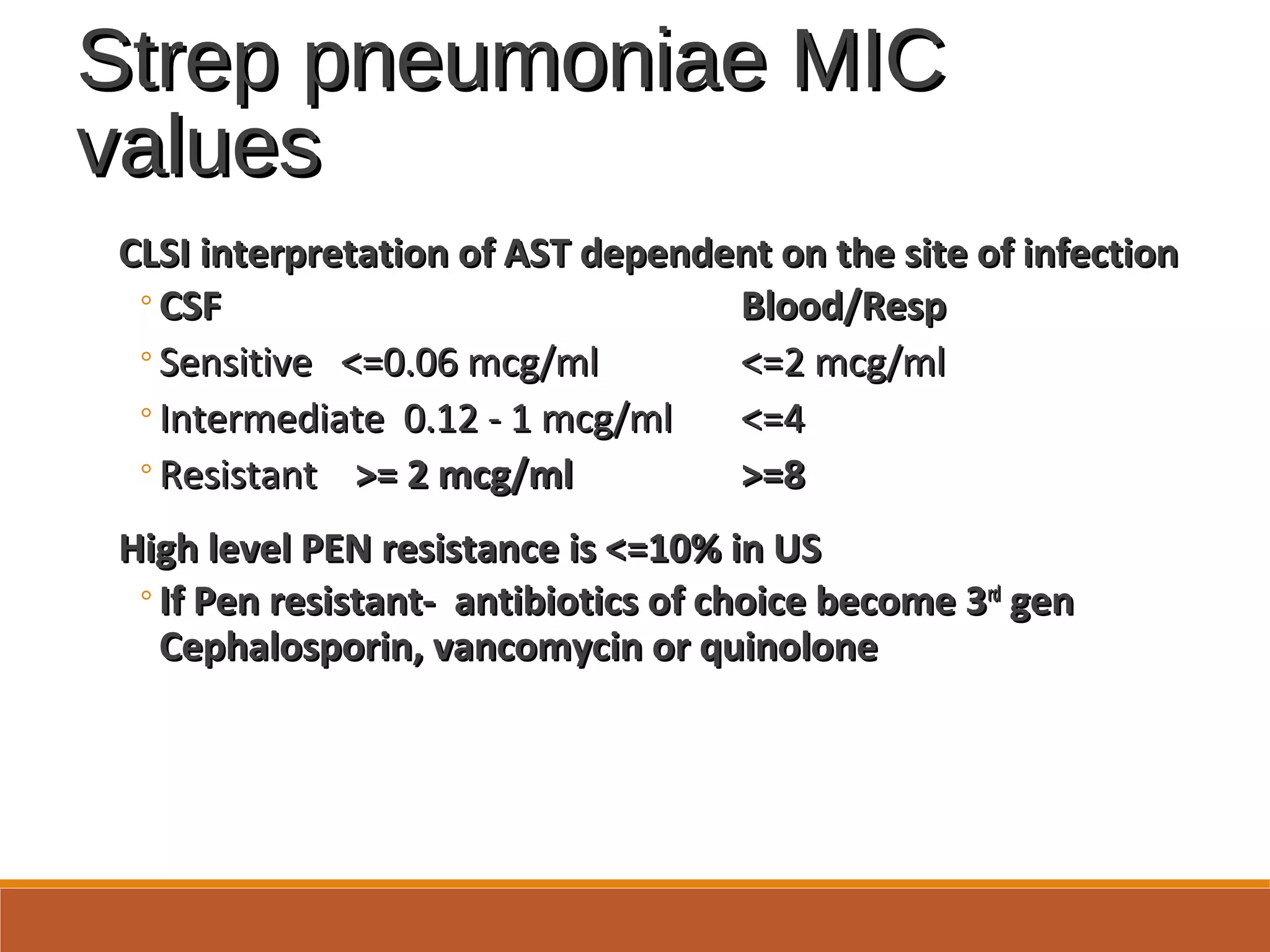 Strep pneumoniae MICStrep pneumoniae MIC
valuesvalues
CLSI interpretation of AST dependent on the site of infectionCLSI interpretation of AST dependent on the site of infection
◦CSFCSF Blood/RespBlood/Resp
◦Sensitive <=0.06 mcg/mlSensitive <=0.06 mcg/ml <=2 mcg/ml<=2 mcg/ml
◦Intermediate 0.12 - 1 mcg/mlIntermediate 0.12 - 1 mcg/ml <=4<=4
◦ResistantResistant >= 2 mcg/ml>= 2 mcg/ml >=8>=8
High level PEN resistance is <=10% in USHigh level PEN resistance is <=10% in US
◦If Pen resistant- antibiotics of choice become 3If Pen resistant- antibiotics of choice become 3rdrd
gengen
Cephalosporin, vancomycin or quinoloneCephalosporin, vancomycin or quinolone
 