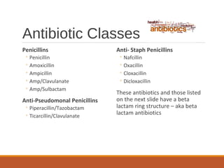 Antibiotic Classes
Penicillins
◦ Penicillin
◦ Amoxicillin
◦ Ampicillin
◦ Amp/Clavulanate
◦ Amp/Sulbactam
Anti-Pseudomonal ...