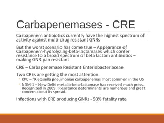 Carbapenemases - CRE
Carbapenem antibiotics currently have the highest spectrum of
activity against multi-drug resistant GNRs
But the worst scenario has come true – Appearance of
Carbapenem-hydrolyzing-beta-lactamases which confer
resistance to a broad spectrum of beta lactam antibiotics –
making GNR pan resistant
CRE – Carbapenemase Resistant Enteriobacteriaceae
Two CREs are getting the most attention:
◦ KPC – “Klebsiella pneumoniae carbapenemas most common in the US
◦ NDM-1 – New Delhi metallo-beta-lactamase has received much press.
Recognized in 2009. Resistance determinants are numerous and great
concern about its spread.
Infections with CRE producing GNRs - 50% fatality rate
 