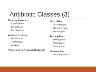 Antibiotic Classes (3)
Fluoroquinolones
◦ Ciprofloxacin
◦ Levofloxacin
◦ Moxifloxacin
Aminoglycosides
◦ Gentamicin
◦ Tobramycin
◦ Amikacin
Trimethoprim/ sulfamethozaxole
Macrolides
◦ Azithromycin
◦ Clarythromycin
◦ Erthromycin
Tetracyclines
◦ Tetracycline
◦ Minocycline
◦ Doxycycline
Lincosamide
◦ Chloramphenicol
 