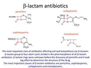 -lactam antibiotics
N
S
RCONH
CH3
CH3
O CO2
H
penicillins
N
S
NHCO
O
CO2
H
CH3
R
cephalosporins
N
O CO2
H
S
NH2
H
C
H3
H H
OH
carbapenems
N
O
N
S O 3H
R
O
monobactams
The most important class of antibiotics affecting cell wall biosynthesis are -lactams.
-lactam group (a four-atom cyclic amide) is the pharmacophore of all -lactam
antibiotics. -lactam rings were unknown before the discovery of penicillin and it took
big effort to determine the structure of the drug.
The most important classes of -lactam antibiotics are penicillins, cephalosporins,
carbapenems and monobactams.
 
