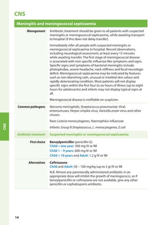 CNS
Meningitis and meningococcal septicaemia
Management Antibiotic treatment should be given to all patients with suspected
meningitis or meningococcal septicaemia, while awaiting transport
to hospital (if this does not delay transfer).
Immediately refer all people with suspected meningitis or
meningococcal septicaemia to hospital. Record observations,
including neurological assessment, at least every 15 minutes
while awaiting transfer. The first stage of meningococcal disease
is associated with non-specific influenza-like symptoms and signs.
Specific signs and symptoms of bacterial meningitis include:
photophobia, severe headache, neck stiffness and focal neurologic
deficit. Meningococcal septicaemia may be indicated by features
such as non-blanching rash, unusual or mottled skin colour and
rapidly deteriorating condition. Most patients will not display
specific signs within the first four to six hours of illness (up to eight
hours for adolescents) and infants may not display typical signs at
all.
Meningococcal disease is notifiable on suspicion.
Common pathogens Neisseria meningitidis, Streptococcus pneumoniae. Viral:
enteroviruses, Herpes simplex virus, Varicella zoster virus and other
viruses.
Rare: Listeria monocytogenes, Haemophilus influenzae
Infants: Group B Streptococcus, L. monocytogenes, E.coli
Antibiotic treatment Suspected meningitis or meningococcal septicaemia
First choice Benzylpenicillin (penicillin G)
Child < one year: 300 mg IV or IM
Child 1 – 9 years: 600 mg IV or IM
Child > 10 years and Adult: 1.2 g IV or IM
Alternatives Ceftriaxone
Child and Adult: 50 – 100 mg/kg (up to 2 g) IV or IM
N.B. Almost any parenterally administered antibiotic in an
appropriate dose will inhibit the growth of meningococci, so if
benzylpenicillin or ceftriaxone are not available, give any other
penicillin or cephalosporin antibiotic.
CNS
14
 