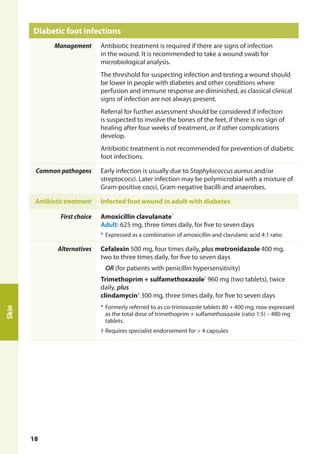 Diabetic foot infections
Management Antibiotic treatment is required if there are signs of infection
in the wound. It is recommended to take a wound swab for
microbiological analysis.
The threshold for suspecting infection and testing a wound should
be lower in people with diabetes and other conditions where
perfusion and immune response are diminished, as classical clinical
signs of infection are not always present.
Referral for further assessment should be considered if infection
is suspected to involve the bones of the feet, if there is no sign of
healing after four weeks of treatment, or if other complications
develop.
Antibiotic treatment is not recommended for prevention of diabetic
foot infections.
Common pathogens Early infection is usually due to Staphylococcus aureus and/or
streptococci. Later infection may be polymicrobial with a mixture of
Gram-positive cocci, Gram-negative bacilli and anaerobes.
Antibiotic treatment Infected foot wound in adult with diabetes
First choice Amoxicillin clavulanate*
Adult: 625 mg, three times daily, for five to seven days
*	Expressed as a combination of amoxicillin and clavulanic acid 4:1 ratio
Alternatives Cefalexin 500 mg, four times daily, plus metronidazole 400 mg,
two to three times daily, for five to seven days
OR (for patients with penicillin hypersensitivity)
Trimethoprim + sulfamethoxazole*
960 mg (two tablets), twice
daily, plus
clindamycin†
300 mg, three times daily, for five to seven days
*	Formerly referred to as co-trimoxazole tablets 80 + 400 mg; now expressed
as the total dose of trimethoprim + sulfamethoxazole (ratio 1:5) – 480 mg
tablets.
†	Requires specialist endorsement for > 4 capsules
Skin
18
 