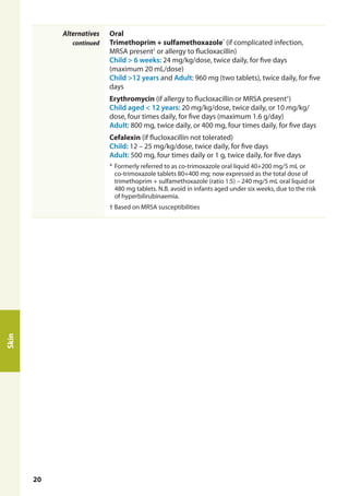 Alternatives
continued
Oral
Trimethoprim + sulfamethoxazole*
(if complicated infection,
MRSA present†
or allergy to flucloxacillin)
Child > 6 weeks: 24 mg/kg/dose, twice daily, for five days
(maximum 20 mL/dose)
Child >12 years and Adult: 960 mg (two tablets), twice daily, for five
days
Erythromycin (if allergy to flucloxacillin or MRSA present†
)
Child aged < 12 years: 20 mg/kg/dose, twice daily, or 10 mg/kg/
dose, four times daily, for five days (maximum 1.6 g/day)
Adult: 800 mg, twice daily, or 400 mg, four times daily, for five days
Cefalexin (if flucloxacillin not tolerated)
Child: 12 – 25 mg/kg/dose, twice daily, for five days
Adult: 500 mg, four times daily or 1 g, twice daily, for five days
*	Formerly referred to as co-trimoxazole oral liquid 40+200 mg/5 mL or
co-trimoxazole tablets 80+400 mg; now expressed as the total dose of
trimethoprim + sulfamethoxazole (ratio 1:5) – 240 mg/5 mL oral liquid or
480 mg tablets. N.B. avoid in infants aged under six weeks, due to the risk
of hyperbilirubinaemia.
† Based on MRSA susceptibilities
Skin
Skin
20
 
