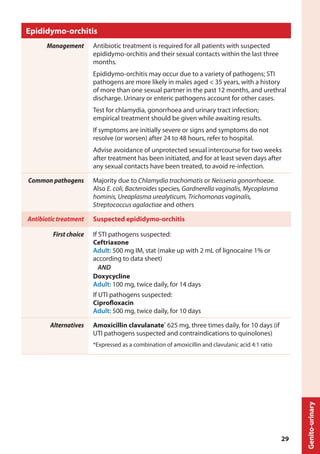 Genito-urinary
Epididymo-orchitis
Management Antibiotic treatment is required for all patients with suspected
epididymo-orchitis and their sexual contacts within the last three
months.
Epididymo-orchitis may occur due to a variety of pathogens; STI
pathogens are more likely in males aged < 35 years, with a history
of more than one sexual partner in the past 12 months, and urethral
discharge. Urinary or enteric pathogens account for other cases.
Test for chlamydia, gonorrhoea and urinary tract infection;
empirical treatment should be given while awaiting results.
If symptoms are initially severe or signs and symptoms do not
resolve (or worsen) after 24 to 48 hours, refer to hospital.
Advise avoidance of unprotected sexual intercourse for two weeks
after treatment has been initiated, and for at least seven days after
any sexual contacts have been treated, to avoid re-infection.
Common pathogens Majority due to Chlamydia trachomatis or Neisseria gonorrhoeae.
Also E. coli, Bacteroides species, Gardnerella vaginalis, Mycoplasma
hominis, Ureaplasma urealyticum, Trichomonas vaginalis,
Streptococcus agalactiae and others
Antibiotic treatment Suspected epididymo-orchitis
First choice If STI pathogens suspected:
Ceftriaxone
Adult: 500 mg IM, stat (make up with 2 mL of lignocaine 1% or
according to data sheet)
AND
Doxycycline
Adult: 100 mg, twice daily, for 14 days
If UTI pathogens suspected:
Ciprofloxacin
Adult: 500 mg, twice daily, for 10 days
Alternatives Amoxicillin clavulanate*
625 mg, three times daily, for 10 days (if
UTI pathogens suspected and contraindications to quinolones)
*Expressed as a combination of amoxicillin and clavulanic acid 4:1 ratio
29
 