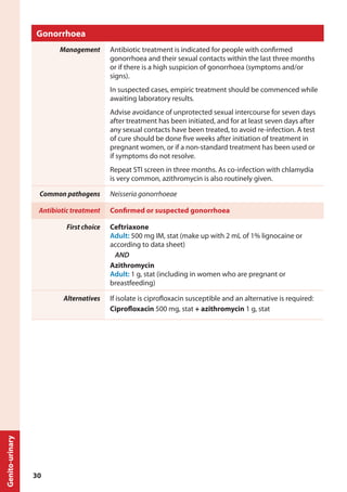 Gonorrhoea
Management Antibiotic treatment is indicated for people with confirmed
gonorrhoea and their sexual contacts within the last three months
or if there is a high suspicion of gonorrhoea (symptoms and/or
signs).
In suspected cases, empiric treatment should be commenced while
awaiting laboratory results.
Advise avoidance of unprotected sexual intercourse for seven days
after treatment has been initiated, and for at least seven days after
any sexual contacts have been treated, to avoid re-infection. A test
of cure should be done five weeks after initiation of treatment in
pregnant women, or if a non-standard treatment has been used or
if symptoms do not resolve.
Repeat STI screen in three months. As co-infection with chlamydia
is very common, azithromycin is also routinely given.
Common pathogens Neisseria gonorrhoeae
Antibiotic treatment Confirmed or suspected gonorrhoea
First choice Ceftriaxone
Adult: 500 mg IM, stat (make up with 2 mL of 1% lignocaine or
according to data sheet)
AND
Azithromycin
Adult: 1 g, stat (including in women who are pregnant or
breastfeeding)
Alternatives If isolate is ciprofloxacin susceptible and an alternative is required:
Ciprofloxacin 500 mg, stat + azithromycin 1 g, stat
Genito-urinary
30
 