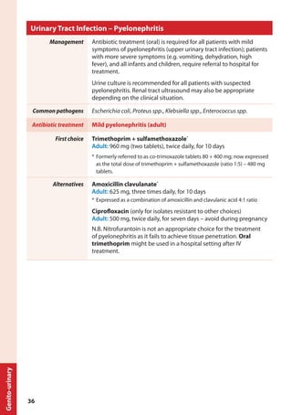 Urinary Tract Infection – Pyelonephritis
Management Antibiotic treatment (oral) is required for all patients with mild
symptoms of pyelonephritis (upper urinary tract infection); patients
with more severe symptoms (e.g. vomiting, dehydration, high
fever), and all infants and children, require referral to hospital for
treatment.
Urine culture is recommended for all patients with suspected
pyelonephritis. Renal tract ultrasound may also be appropriate
depending on the clinical situation.
Common pathogens Escherichia coli, Proteus spp., Klebsiella spp., Enterococcus spp.
Antibiotic treatment Mild pyelonephritis (adult)
First choice Trimethoprim + sulfamethoxazole*
Adult: 960 mg (two tablets), twice daily, for 10 days
*	Formerly referred to as co-trimoxazole tablets 80 + 400 mg; now expressed
as the total dose of trimethoprim + sulfamethoxazole (ratio 1:5) – 480 mg
tablets.
Alternatives Amoxicillin clavulanate*
Adult: 625 mg, three times daily, for 10 days
*	Expressed as a combination of amoxicillin and clavulanic acid 4:1 ratio
Ciprofloxacin (only for isolates resistant to other choices)
Adult: 500 mg, twice daily, for seven days – avoid during pregnancy
N.B. Nitrofurantoin is not an appropriate choice for the treatment
of pyelonephritis as it fails to achieve tissue penetration. Oral
trimethoprim might be used in a hospital setting after IV
treatment.
Genito-urinary
36
 