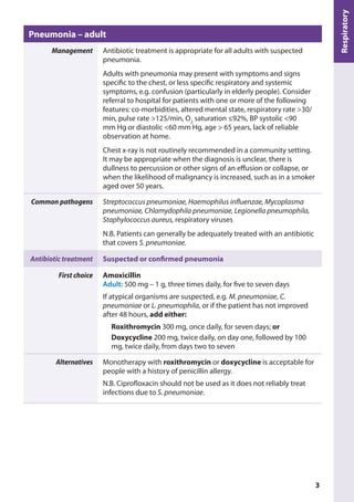 Pneumonia – adult
Management Antibiotic treatment is appropriate for all adults with suspected
pneumonia.
Adults with pneumonia may present with symptoms and signs
specific to the chest, or less specific respiratory and systemic
symptoms, e.g. confusion (particularly in elderly people). Consider
referral to hospital for patients with one or more of the following
features: co-morbidities, altered mental state, respiratory rate >30/
min, pulse rate >125/min, O2
saturation ≤92%, BP systolic <90
mm Hg or diastolic <60 mm Hg, age > 65 years, lack of reliable
observation at home.
Chest x-ray is not routinely recommended in a community setting.
It may be appropriate when the diagnosis is unclear, there is
dullness to percussion or other signs of an effusion or collapse, or
when the likelihood of malignancy is increased, such as in a smoker
aged over 50 years.
Common pathogens Streptococcus pneumoniae, Haemophilus influenzae, Mycoplasma
pneumoniae, Chlamydophila pneumoniae, Legionella pneumophila,
Staphylococcus aureus, respiratory viruses
N.B. Patients can generally be adequately treated with an antibiotic
that covers S. pneumoniae.
Antibiotic treatment Suspected or confirmed pneumonia
First choice Amoxicillin
Adult: 500 mg – 1 g, three times daily, for five to seven days
If atypical organisms are suspected, e.g. M. pneumoniae, C.
pneumoniae or L. pneumophila, or if the patient has not improved
after 48 hours, add either:
Roxithromycin 300 mg, once daily, for seven days; or
Doxycycline 200 mg, twice daily, on day one, followed by 100
mg, twice daily, from days two to seven
Alternatives Monotherapy with roxithromycin or doxycycline is acceptable for
people with a history of penicillin allergy.
N.B. Ciprofloxacin should not be used as it does not reliably treat
infections due to S. pneumoniae.
Respiratory
3
 