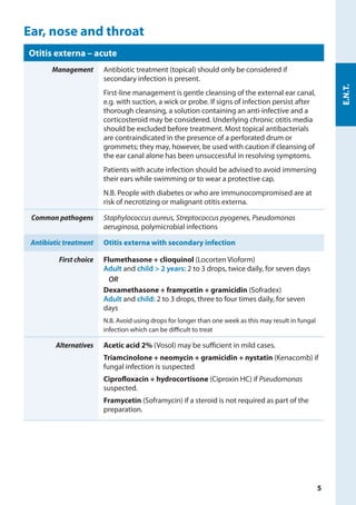 Ear, nose and throat
Otitis externa – acute
Management Antibiotic treatment (topical) should only be considered if
secondary infection is present.
First-line management is gentle cleansing of the external ear canal,
e.g. with suction, a wick or probe. If signs of infection persist after
thorough cleansing, a solution containing an anti-infective and a
corticosteroid may be considered. Underlying chronic otitis media
should be excluded before treatment. Most topical antibacterials
are contraindicated in the presence of a perforated drum or
grommets; they may, however, be used with caution if cleansing of
the ear canal alone has been unsuccessful in resolving symptoms.
Patients with acute infection should be advised to avoid immersing
their ears while swimming or to wear a protective cap.
N.B. People with diabetes or who are immunocompromised are at
risk of necrotizing or malignant otitis externa.
Common pathogens Staphylococcus aureus, Streptococcus pyogenes, Pseudomonas
aeruginosa, polymicrobial infections
Antibiotic treatment Otitis externa with secondary infection
First choice Flumethasone + clioquinol (Locorten Vioform)
Adult and child > 2 years: 2 to 3 drops, twice daily, for seven days
OR
Dexamethasone + framycetin + gramicidin (Sofradex)
Adult and child: 2 to 3 drops, three to four times daily, for seven
days
N.B. Avoid using drops for longer than one week as this may result in fungal
infection which can be difficult to treat
Alternatives Acetic acid 2% (Vosol) may be sufficient in mild cases.
Triamcinolone + neomycin + gramicidin + nystatin (Kenacomb) if
fungal infection is suspected
Ciprofloxacin + hydrocortisone (Ciproxin HC) if Pseudomonas
suspected.
Framycetin (Soframycin) if a steroid is not required as part of the
preparation.
E.N.T.
5
 