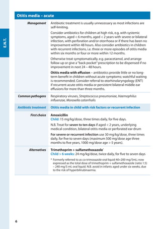 Otitis media – acute
Management Antibiotic treatment is usually unnecessary as most infections are
self-limiting.
Consider antibiotics for children at high risk, e.g. with systemic
symptoms, aged < 6 months, aged < 2 years with severe or bilateral
infection, with perforation and/or otorrhoea or if there has been no
improvement within 48 hours. Also consider antibiotics in children
with recurrent infections, i.e. three or more episodes of otitis media
within six months or four or more within 12 months.
Otherwise treat symptomatically, e.g. paracetamol, and arrange
follow up or give a“back pocket”prescription to be dispensed if no
improvement in next 24 – 48 hours.
Otitis media with effusion – antibiotics provide little or no long-
term benefit in children without acute symptoms; watchful waiting
is recommended. Consider referral to otorhinolaryngology (ENT)
if recurrent acute otitis media or persistent bilateral middle ear
effusions for more than three months.
Common pathogens Respiratory viruses, Streptococcus pneumoniae, Haemophilus
influenzae, Moraxella catarrhalis
Antibiotic treatment Otitis media in child with risk factors or recurrent infection
First choice Amoxicillin
Child: 15 mg/kg/dose, three times daily, for five days.
N.B. Treat for seven to ten days if aged < 2 years, underlying
medical condition, bilateral otitis media or perforated ear drum
For severe or recurrent infection use 30 mg/kg/dose, three times
daily, for five to seven days (maximum 500 mg/dose age three
months to five years, 1000 mg/dose age > 5 years).
Alternatives Trimethoprim + sulfamethoxazole*
Child > 6 weeks: 24 mg/kg/dose, twice daily, for five to seven days
*	Formerly referred to as co-trimoxazole oral liquid 40+200 mg/5mL; now
expressed as the total dose of trimethoprim + sulfamethoxazole (ratio 1:5)
– 240 mg/5 mL oral liquid. N.B. avoid in infants aged under six weeks, due
to the risk of hyperbilirubinaemia.
E.N.T.
6
 