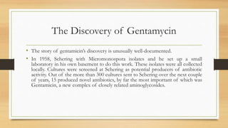 The Discovery of Gentamycin
• The story of gentamicin’s discovery is unusually well-documented.
• In 1958, Schering with Micromonospora isolates and he set up a small
laboratory in his own basement to do this work. These isolates were all collected
locally. Cultures were screened at Schering as potential producers of antibiotic
activity. Out of the more than 300 cultures sent to Schering over the next couple
of years, 15 produced novel antibiotics, by far the most important of which was
Gentamicin, a new complex of closely related aminoglycosides.
 