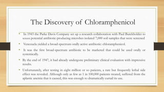 The Discovery of Chloramphenicol
• In 1943 the Parke Davis Company set up a research collaboration with Paul Burckholder to
screen potential antibiotic-producing microbes isolated 7,000 soil samples that were screened
• Venezuela yielded a broad-spectrum orally active antibiotic: chloramphenicol.
• It was the ﬁrst broad-spectrum antibiotic to be marketed that could be used orally or
systemically.
• By the end of 1947, it had already undergone preliminary clinical evaluation with impressive
results.
• Unfortunately, after testing in eight million or so patients, a rare but frequently lethal side
effect was revealed. Although only as few as 1 in 100,000 patients treated, suffered from the
aplastic anemia that it caused, this was enough to dramatically curtail its use.
 