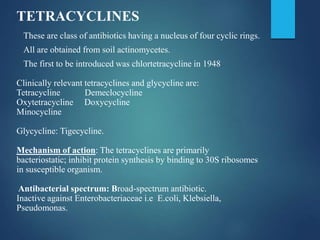 TETRACYCLINES
These are class of antibiotics having a nucleus of four cyclic rings.
All are obtained from soil actinomycetes.
The first to be introduced was chlortetracycline in 1948.
Clinically relevant tetracyclines and glycycline are:
Tetracycline Demeclocycline
Oxytetracycline Doxycycline
Minocycline
Glycycline: Tigecycline.
Mechanism of action: The tetracyclines are primarily
bacteriostatic; inhibit protein synthesis by binding to 30S ribosomes
in susceptible organism.
Antibacterial spectrum: Broad-spectrum antibiotic.
Inactive against Enterobacteriaceae i.e E.coli, Klebsiella,
Pseudomonas.
 