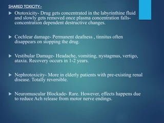 SHARED TOXICITY:-
 Ototoxicity- Drug gets concentrated in the labyrinthine fluid
and slowly gets removed once plasma concentration falls-
concentration dependent destructive changes.
 Cochlear damage- Permanent deafness , tinnitus often
disappears on stopping the drug.
 Vestibular Damage- Headache, vomiting, nystagmus, vertigo,
ataxia. Recovery occurs in 1-2 years.
 Nephrotoxicity- More in elderly patients with pre-existing renal
disease. Totally reversible.
 Neuromuscular Blockade- Rare. However, effects happens due
to reduce Ach release from motor nerve endings.
 