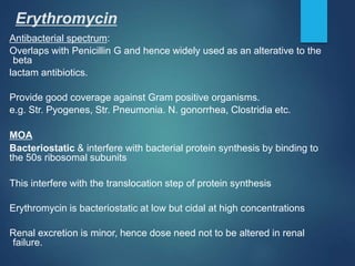 Erythromycin
Antibacterial spectrum:
Overlaps with Penicillin G and hence widely used as an alterative to the
beta
lactam antibiotics.
Provide good coverage against Gram positive organisms.
e.g. Str. Pyogenes, Str. Pneumonia. N. gonorrhea, Clostridia etc.
MOA
Bacteriostatic & interfere with bacterial protein synthesis by binding to
the 50s ribosomal subunits
This interfere with the translocation step of protein synthesis
Erythromycin is bacteriostatic at low but cidal at high concentrations
Renal excretion is minor, hence dose need not to be altered in renal
failure.
 