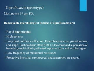 Ciprofloxacin (prototype)
Most potent 1st gen FQ.
Remarkable microbiological features of ciprofloxacin are:
✓Rapid bactericidal
✓High potency
✓Long post antibiotic effect on ,Enterobacteriaceae, pseudomonas
and staph. Post-antibiotic effect (PAE) is the continued suppression of
bacterial growth following a limited exposure to an antimicrobial agent
✓Low frequency of mutational resistance
✓Protective intestinal streptococci and anaerobes are spared
 