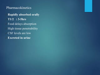 Pharmacokinetics
✓Rapidly absorbed orally
✓T1/2 : 3-5hrs
✓Food delays absorption
✓High tissue penetrability
✓CSF levels are low
✓Excreted in urine
 