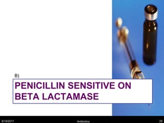 PENICILLIN SENSITIVE ON
BETA LACTAMASE
B)
8/19/2017 Antibiotics 29
 