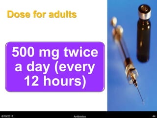 Dose for adults
500 mg twice
a day (every
12 hours)
8/19/2017 Antibiotics 44
 
