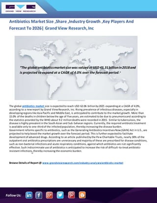 FollowUs:
Antibiotics Market Size ,Share ,Industry Growth ,Key Players And
Forecast To 2026| Grand View Research, Inc
The global antibiotics market size is expectedto reach USD 62.06 billionby2025 expandingat a CAGR of 4.0%,
according to a newreport by Grand ViewResearch, Inc. Rising prevalence of infectiousdiseases,especiallyin
developingregionslike Asia Pacific and Middle East, is anticipatedto contribute to the market growth. More than
15.0% of the deaths in children belowthe age of five years, are estimated to be due to pneumoniaand according to
the statistics provided by the WHO about 9.2 milliondeathswere recorded in 2015. Similar to tuberculosis, the
disease is highly prevalentin the South Asian and Sub-Saharan regions. Currently, the required antibiotictreatment
is available only to one-thirdof the infectedpopulation, therebyincreasing the disease burden.
Government reforms specific to antibiotics, such as the Generating Antibiotics IncentivesNow (GAIN) Act in U.S., are
projected to help boost the market growth over the forecast period. This is further expectedto facilitate
developmentof advanced drugs. According to an article publishedbythe Pew Charitable Trusts, nearly 30% of the
outpatient oral antibiotics prescriptions are unnecessary and majority of these are prescribed for disease conditions,
such as non-bacterial infectionsand acute respiratory conditions, against which antibiotics are not significantly
effective.Such indiscriminate use of antibiotics is anticipated to increase the risk of difficult-to-treatantibiotic-
resistant infections,thereby increasing the economic burden.
Browse Detailsof Report @ www.grandviewresearch.com/industry-analysis/antibiotic-market
“The globalantibioticsmarketsizewas valued at USD 45.31billionin2018and
is projected to expand at a CAGR of 4.0% over the forecast period.”
 
