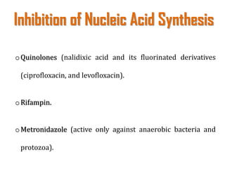 Inhibition of Nucleic Acid Synthesis
oQuinolones (nalidixic acid and its fluorinated derivatives
(ciprofloxacin, and levofloxacin).
oRifampin.
oMetronidazole (active only against anaerobic bacteria and
protozoa).
 