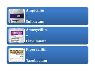 Ampicillin
+
Sulbactam
Amoxycillin
+
Clavulanate
Piperacillin
+
Tazobactam
 