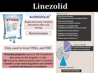 Linezolid
Only used to treat VRSA, and VRE
Thrombocytopenia occurs in 2% of patients
who were on the drug for > 2 wks
CBC should be obtained weekly while on linezolid
Linezolid is a last resort drug and its use is limited
to prevent development of resistance
Bacteriostatic
Rapid and nearly complete
absorption after oral
dosing.
 