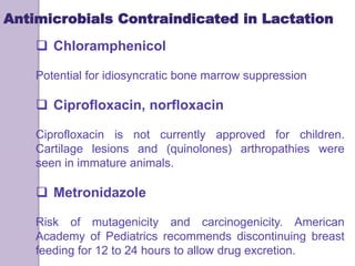 Antimicrobials Contraindicated in Lactation
 Chloramphenicol
Potential for idiosyncratic bone marrow suppression
 Ciprofloxacin, norfloxacin
Ciprofloxacin is not currently approved for children.
Cartilage lesions and (quinolones) arthropathies were
seen in immature animals.
 Metronidazole
Risk of mutagenicity and carcinogenicity. American
Academy of Pediatrics recommends discontinuing breast
feeding for 12 to 24 hours to allow drug excretion.
 