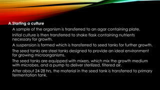 A.Starting a culture
A sample of the organism is transferred to an agar containing plate.
Initial culture is then transferred to shake flask containing nutrients
necessary for growth.
A suspension is formed which is transferred to seed tanks for further growth.
The seed tanks are steel tanks designed to provide an ideal environment
for growing microorganisms.
The seed tanks are equipped with mixers, which mix the growth medium
with microbes, and a pump to deliver sterilized, filtered air.
After about 24-28 hrs, the material in the seed tank is transferred to primary
fermentation tank.
 