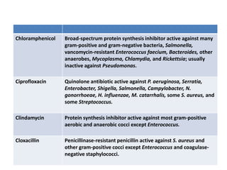 Chloramphenicol Broad-spectrum protein synthesis inhibitor active against many
gram-positive and gram-negative bacteria, Salmonella,
vancomycin-resistant Enterococcus faecium, Bacteroides, other
anaerobes, Mycoplasma, Chlamydia, and Rickettsia; usually
inactive against Pseudomonas.
Ciprofloxacin Quinolone antibiotic active against P. aeruginosa, Serratia,
Enterobacter, Shigella, Salmonella, Campylobacter, N.
gonorrhoeae, H. influenzae, M. catarrhalis, some S. aureus, and
some Streptococcus.
Clindamycin Protein synthesis inhibitor active against most gram-positive
aerobic and anaerobic cocci except Enterococcus.
Cloxacillin Penicillinase-resistant penicillin active against S. aureus and
other gram-positive cocci except Enterococcus and coagulase-
negative staphylococci.
 