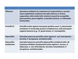 Ofloxacin Quinolone antibiotic for treatment of conjunctivitis or corneal
ulcers (ophthalmic solution) and otitis externa or chronic
suppurative otitis media (otic solution) caused by susceptible
gram-positive, gram-negative, anaerobic bacteria, or Chlamydia
trachomatis.
Penicillin G Penicillin active against most gram-positive cocci; S. pneumoniae
(resistance is increasing), group A streptococcus, and some gram-
negative bacteria (e.g., N. gonorrhoeae, N. meningitidis).
Piperacillin Extended-spectrum penicillin active against E. coli, Enterobacter,
Serratia, P. aeruginosa, and Bacteroides
Piperacillin-
tazobactam
Extended-spectrum penicillin (piperacillin) combined with a β-
lactamase inhibitor (tazobactam) active against S. aureus, H.
influenzae, E. coli, Enterobacter, Serratia, Acinetobacter, P.
aeruginosa, and Bacteroides.
 