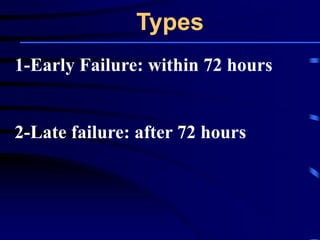 Types
1-Early Failure: within 72 hours
2-Late failure: after 72 hours
 