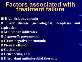 Factors associated with
treatment failure
◙ High-risk pneumonia
◙ Liver disease ,neurological, neoplasia and
aspiration
◙ Multilobar infiltrates
◙ Legionella pneumonia
◙ Gram-negative pneumonia
◙ Pleural effusion
◙ Cavitation
◙ Leucopenia, and
◙ Discordant antimicrobial therapy.
 