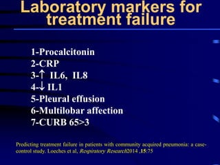 Laboratory markers for
treatment failure
1-Procalcitonin
2-CRP
3- IL6, IL8
4- IL1
5-Pleural effusion
6-Multilobar affection
7-CURB 65>3
Predicting treatment failure in patients with community acquired pneumonia: a case-
control study. Loeches et al, Respiratory Research2014 ,15:75
 