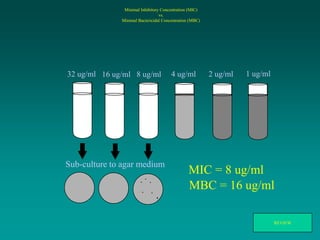 32 ug/ml 16 ug/ml 8 ug/ml 4 ug/ml 2 ug/ml 1 ug/ml
Sub-culture to agar medium
MIC = 8 ug/ml
MBC = 16 ug/ml
Minimal Inhibitory Concentration (MIC)
vs.
Minimal Bactericidal Concentration (MBC)
REVIEW
 