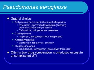 Pseudomonas aeruginosa Drug of choice Antipseudomonal penicillins/cephalosporins Piperacillin, piperacillin/tazobactam (Tazocin), ticarcillin/clavulanate (Timentin) Ceftazidime, cefoperazone, cefepime Carbapenems Imipenem, meropenem (NOT ertapenem) Aminoglycosides Gentamicin, tobramycin, amikacin Fluoroquinolones Ciprofloxacin, levofloxacin (less activity than cipro) Often a two-drug combination is employed except in uncomplicated UTI 