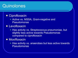 Quinolones Ciprofloxacin Active vs. MSSA, Gram-negative and Pseudomonas Levofloxacin Has activity vs. Streptococcus pneumoniae, but slightly less active towards Pseudomonas compared to ciprofloxacin Moxifloxacin Has activity vs. anaerobes but less active towards Pseudomonas  