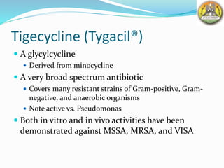 Tigecycline (Tygacil®)
 A glycylcycline
 Derived from minocycline
 A very broad spectrum antibiotic
 Covers many resistant strains of Gram-positive, Gram-
negative, and anaerobic organisms
 Note active vs. Pseudomonas
 Both in vitro and in vivo activities have been
demonstrated against MSSA, MRSA, and VISA
 