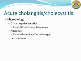 Acute cholangitis/cholecystitis
 Microbiology
 Gram negative enterics
 E. coli, Klebsiella spp., Proteus spp.
 Anerobes
 Bacteriodes fragilis, Clostridium spp.
 Enterococcus
 
