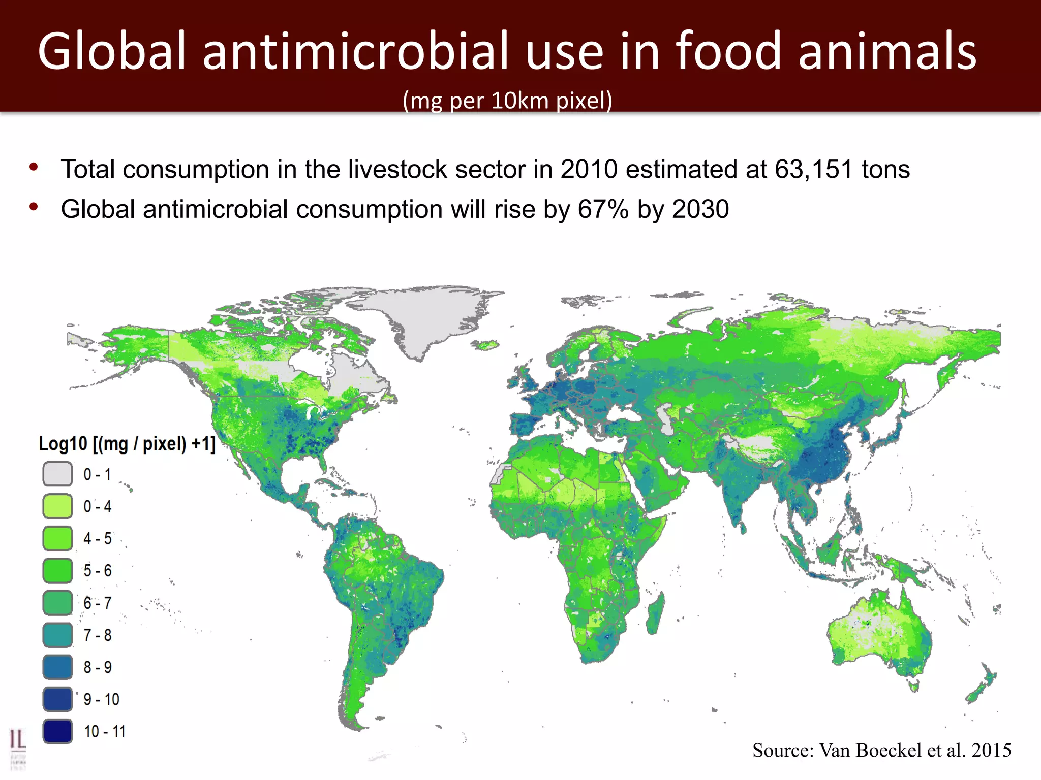 Global antimicrobial use in food animals
(mg per 10km pixel)
Source: Van Boeckel et al. 2015
• Total consumption in the livestock sector in 2010 estimated at 63,151 tons
• Global antimicrobial consumption will rise by 67% by 2030
 