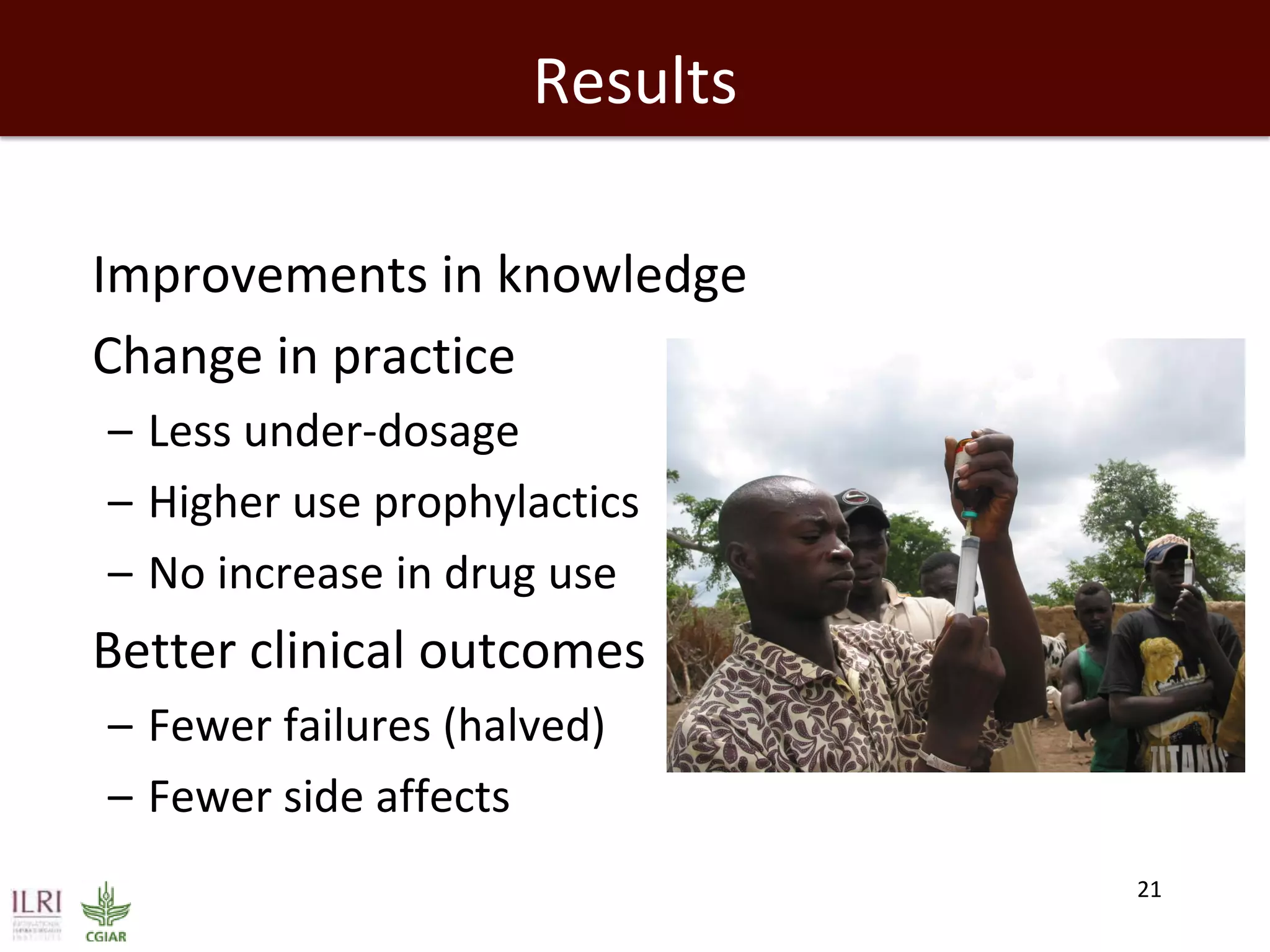 21
Results
Improvements in knowledge
Change in practice
– Less under-dosage
– Higher use prophylactics
– No increase in drug use
Better clinical outcomes
– Fewer failures (halved)
– Fewer side affects
 