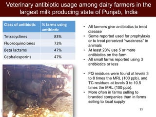 13
Veterinary antibiotic usage among dairy farmers in the
largest milk producing state of Punjab, India
• All farmers give antibiotics to treat
disease
• Some reported used for prophylaxis
or to treat perceived “weakness” in
animals
• At least 20% use 5 or more
antibiotics on the farm
• All small farms reported using 3
antibiotics or less
• FQ residues were found at levels 3
to 8 times the MRL (100 ppb), and
TC residues at levels 3 to 10.5
times the MRL (100 ppb).
• More often in farms selling to
branded companies than in farms
selling to local supply
 