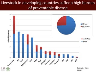 Livestock in developing countries suffer a high burden
of preventable disease
Estimates from
BMGF
0
1
2
3
4
5
6
7
8
Billion$lostyearly
South Asia
Africa
Africa
South Asia
 