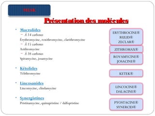 Présentation des moléculesPrésentation des molécules
• Macrolides
– À 14 carbones
Érythromycine, roxithromycine, clarithromycine
– À 15 carbones
Azithromycine
– À 16 carbones
Spiramycine, josamycine
• Kétolides
Télithromycine
• Lincosanides
Lincomycine, clindamycine
• Synergistines
Pristinamycine, quinupristine / dalfopristine
ERYTHROCINE®
RULID®
ZECLAR®
ZITHROMAX®
ROVAMYCINE®
JOSACINE®
KETEK®
LINCOCINE®
DALACINE®
PYOSTACINE®
SYNERCID®
 