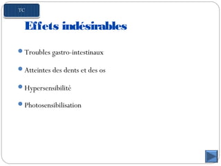 Effets indésirables
Troubles gastro-intestinaux
Atteintes des dents et des os
Hypersensibilité
Photosensibilisation
 