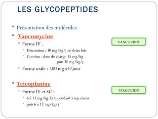 LES GLYCOPEPTIDES
 Présentation des molécules
 Vancomycine
 Forme IV :
 Discontinu : 30 mg/kg/j en deux fois
 Continu : dose de charge 15 mg/kg
puis 30 mg/kg/j
 Forme orale : 500 mg x4/jour
 Teicoplanine
 Forme IV et SC :
 6 à 12 mg/kg 2x/j pendant 5 injections
 puis 6 à 12 mg/kg/j
VANCOCIN®
TARGOCID®
 